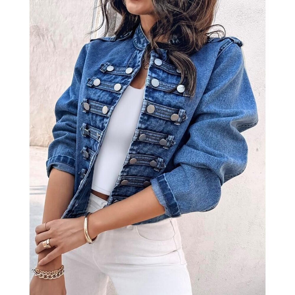 Blue Denim Jacket for Women 2025 Button Up Stand Collar Lightweight Fall Coat - Picture 3 of 7